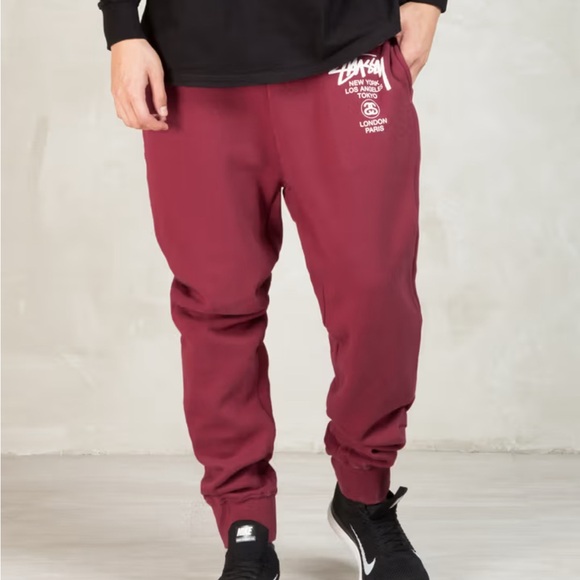 Stussy Other - Stussy Men's Burgundy-Red World Tour Joggers Cotton